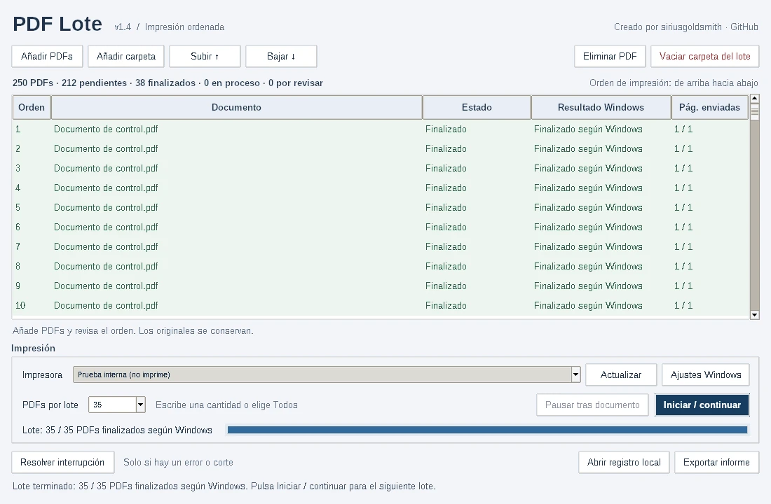 Interfaz de PDFLote v1.4 con documentos de control y un lote de prueba finalizado.